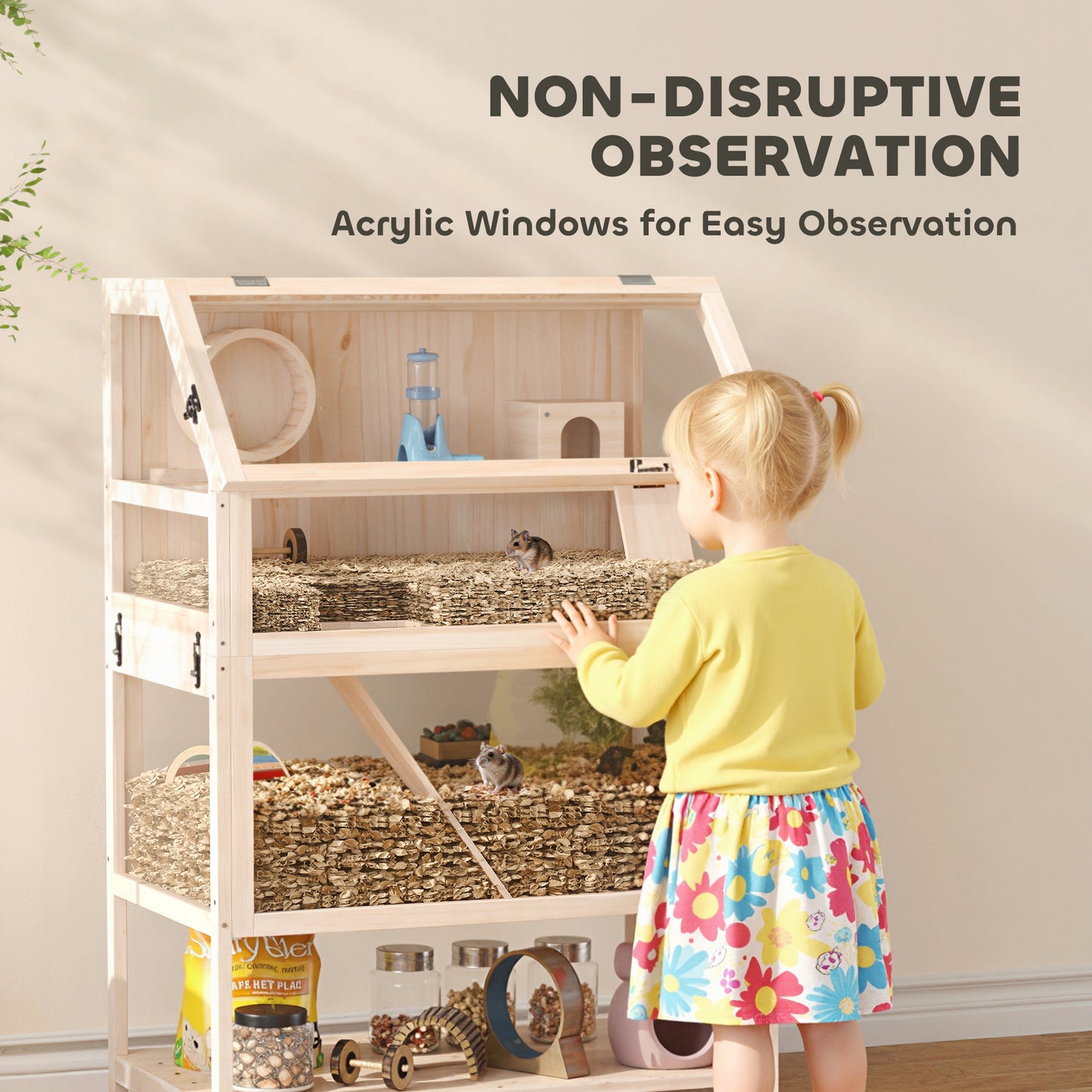 Wooden 3 Tier Hamster Cage with Storage Shelf for Dwarf, Gerbil