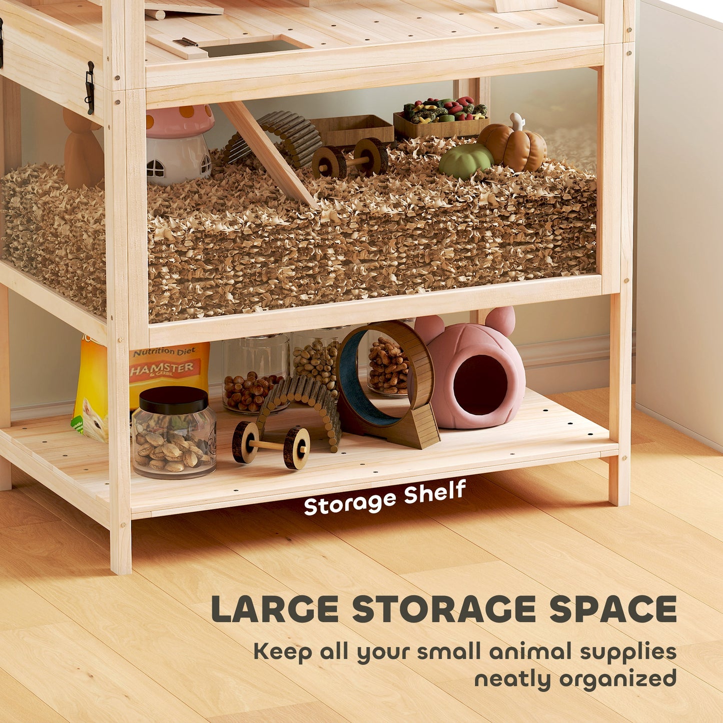 Wooden 3 Tier Hamster Cage with Storage Shelf for Dwarf, Gerbil