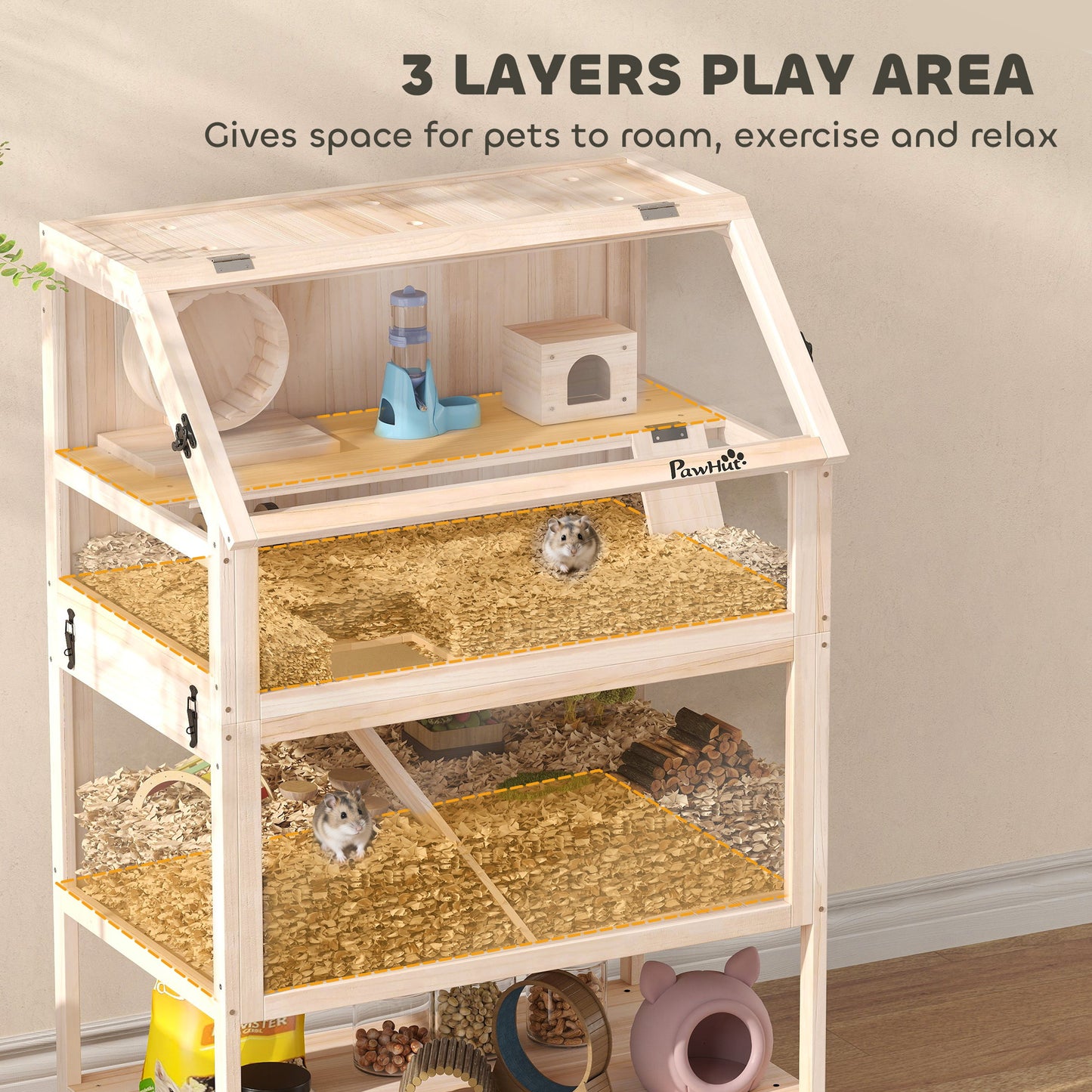 Wooden 3 Tier Hamster Cage with Storage Shelf for Dwarf, Gerbil