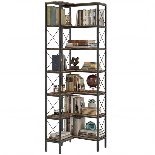 6-Tier Corner Bookshelf, L-Shaped Bookcase, Freestanding Display Shelf with Metal Frame for Living Room, Home Office, Bedroom, 60 x 60 x 200 cm, Rustic Brown