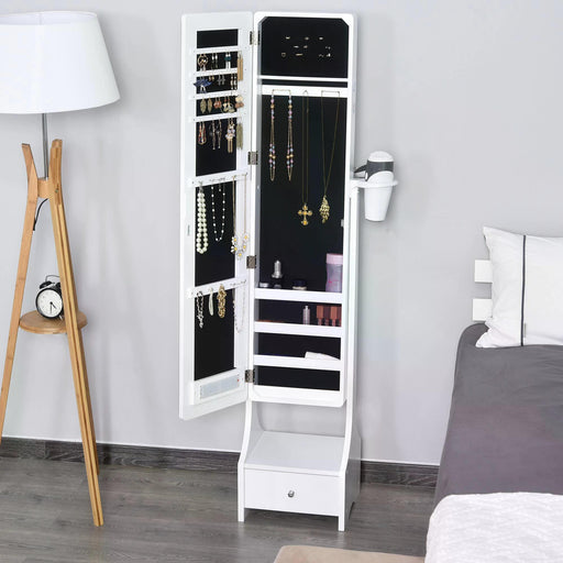 Freestanding Jewellery Cabinet Storage Mirror Armoire w/ LED Lights Hooks Drawer Hairdryer Holder Vanity Adjustable Bedroom Furnishing White