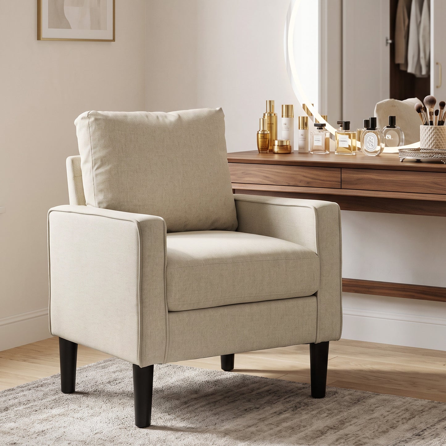 Removable Pillow Linen Accent Chair, Cream