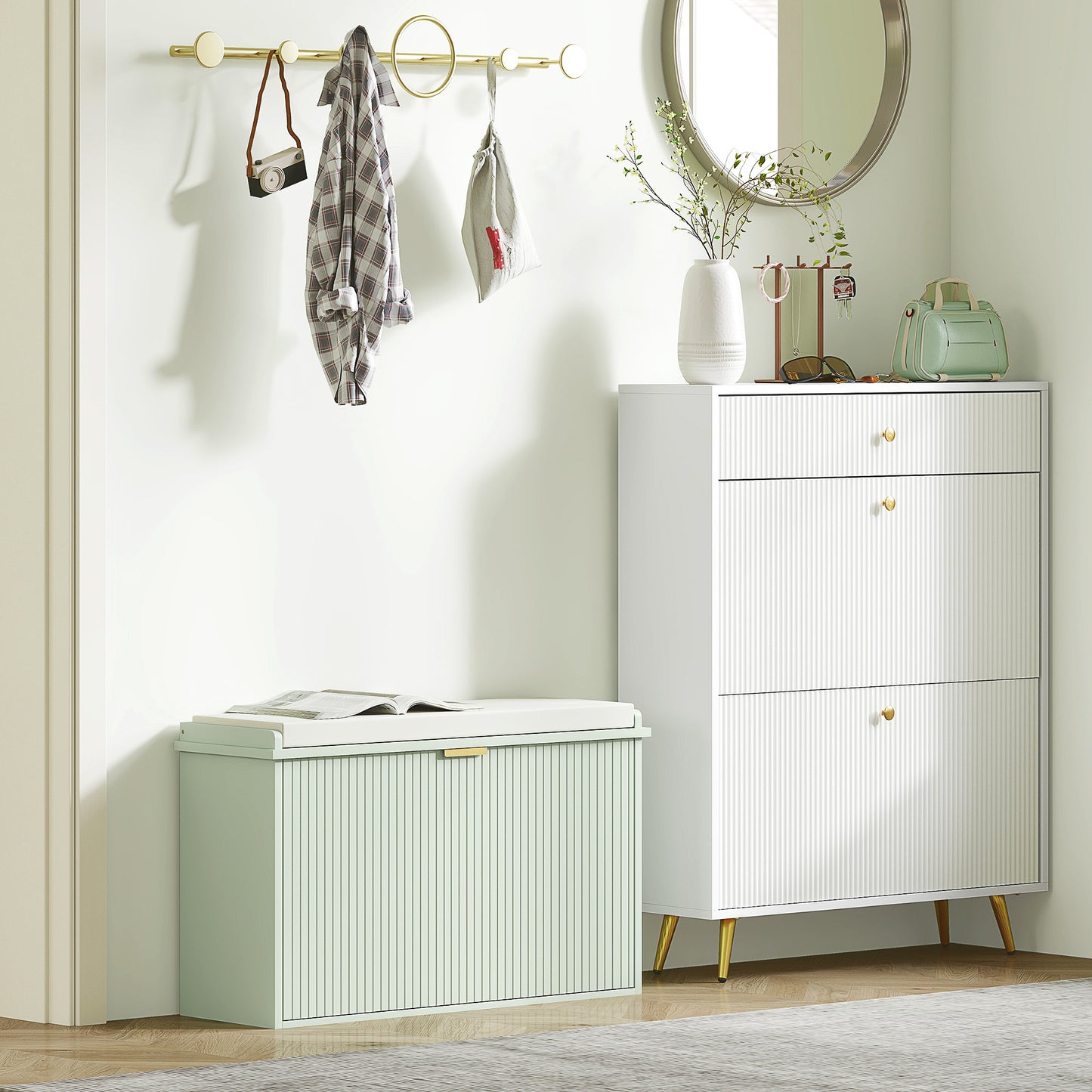 Shoe Storage Bench with Cushion and Flip-Drawer 80x26x47.5cm Green