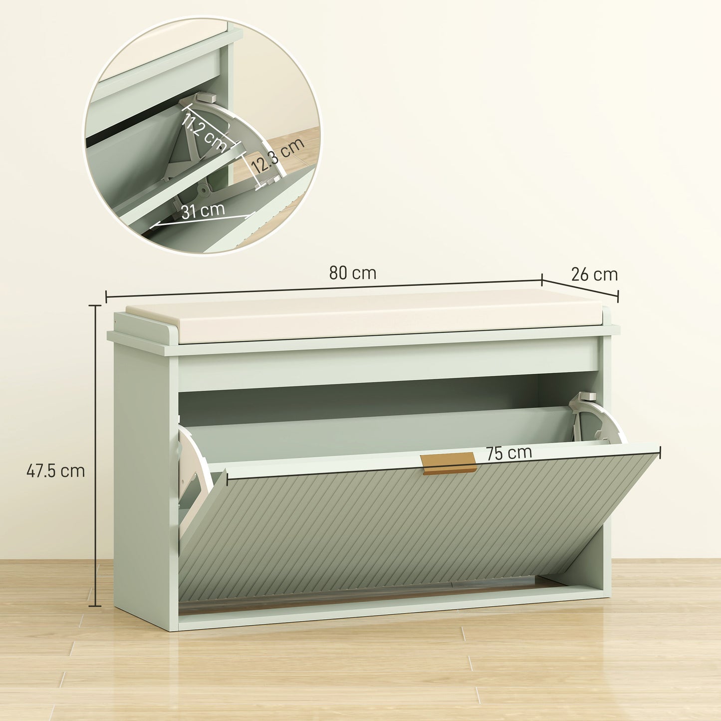 Shoe Storage Bench with Cushion and Flip-Drawer 80x26x47.5cm Green