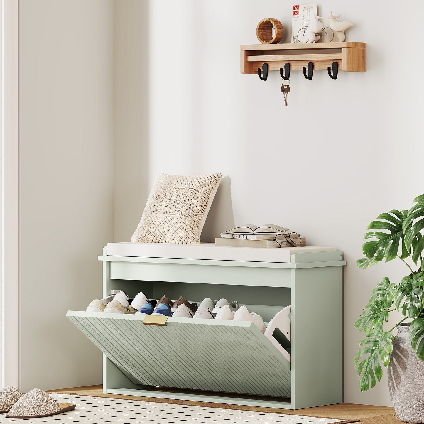 Shoe Storage Bench with Cushion and Flip-Drawer 80x26x47.5cm Green
