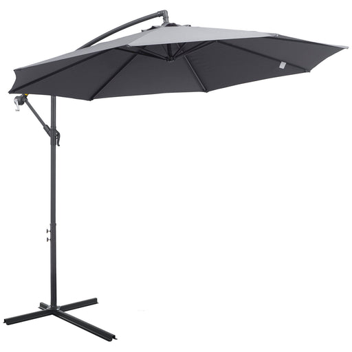 3(m) Garden Banana Parasol Cantilever Umbrella with Crank Handle and Cross Base, 8 Ribs for Outdoor, Hanging Sun Shade, Grey