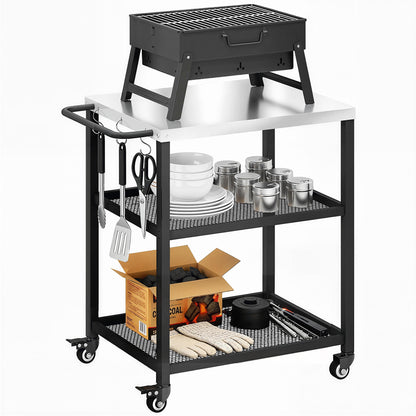 Outdoor Grill Cart, Pizza Oven Stand with Adjustable Shelf, Hooks