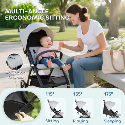 Travel Stroller with Easy Folding, Lightweight Pushchair Light Grey