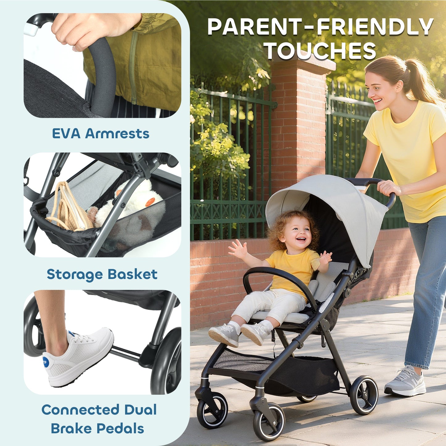 Travel Stroller with Easy Folding, Lightweight Pushchair Light Grey