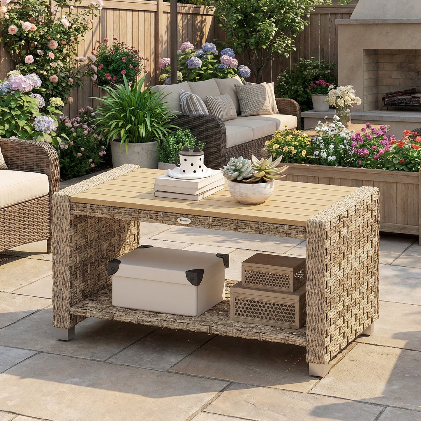 Outdoor Coffee Table with Storage Shelf and Slatted Top, Light Brown