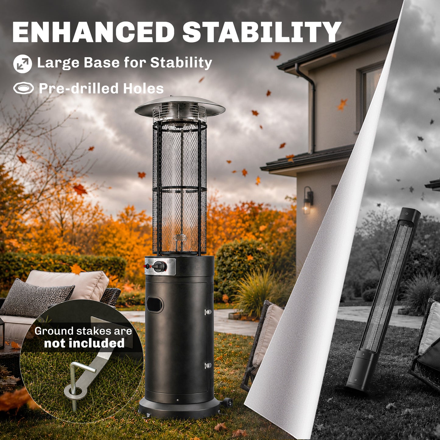 11 KW Freestanding Gas Patio Heater, Adjustable Outdoor Garden Propane Heater with Tip-Over Switch, Wheels, Pulse Ignition, Tank Room with Openable Door, Black