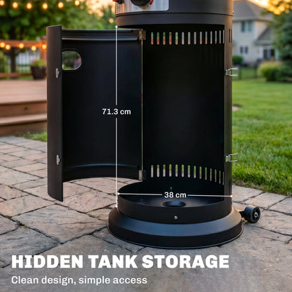 11 KW Freestanding Gas Patio Heater, Adjustable Outdoor Garden Propane Heater with Tip-Over Switch, Wheels, Pulse Ignition, Tank Room with Openable Door, Black