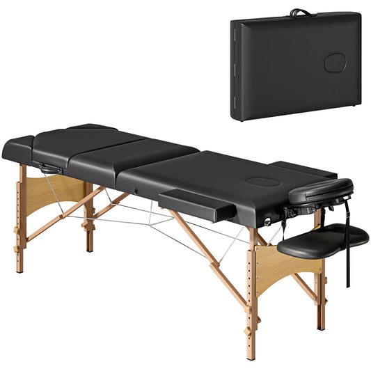 Foldable Massage Bed with Beech Wood Legs Face Cradle Armrests Black