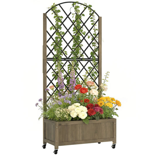 Garden Bed w/Metal Trellis, Wooden Elevated Planter Box Carbonised
