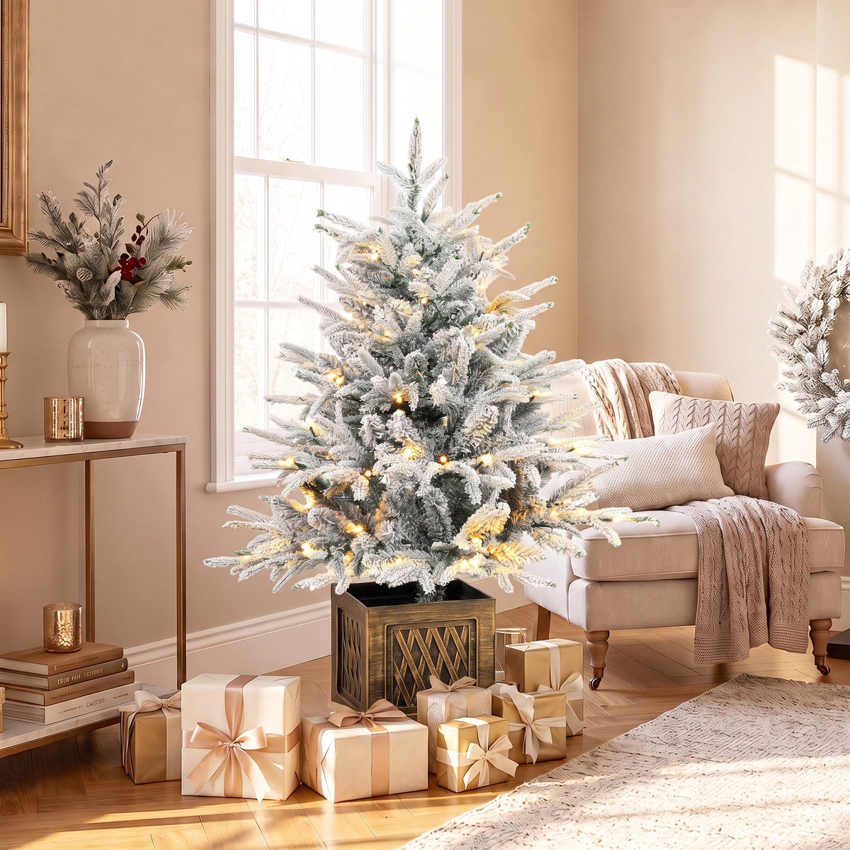 90 cm Prelit Flocked Table Christmas Tree, Base Stand, Green White