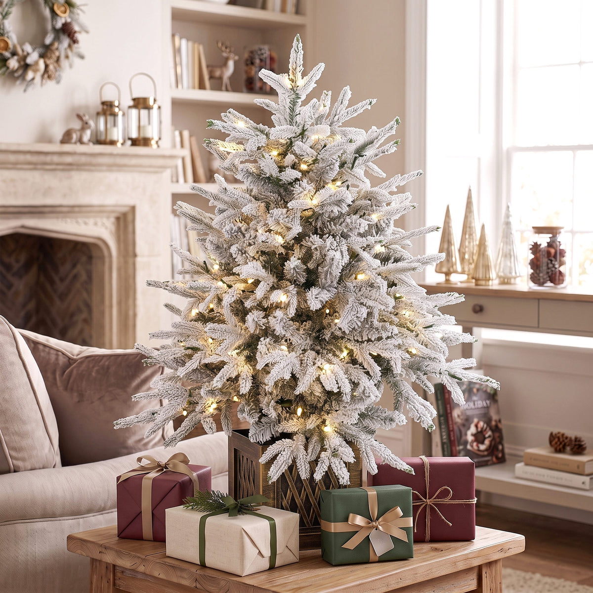 90 cm Prelit Flocked Table Christmas Tree, Base Stand, Green White