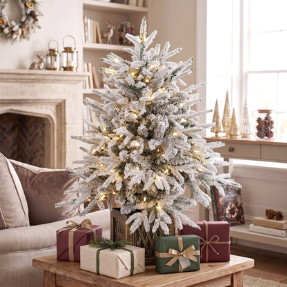 90 cm Prelit Flocked Table Christmas Tree, Base Stand, Green White