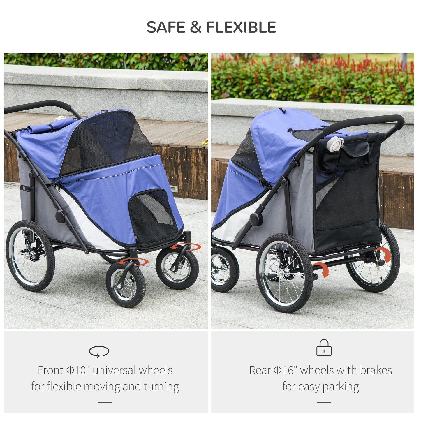 Foldable Pet Stroller with Cushion, for M, L Dogs - Blue