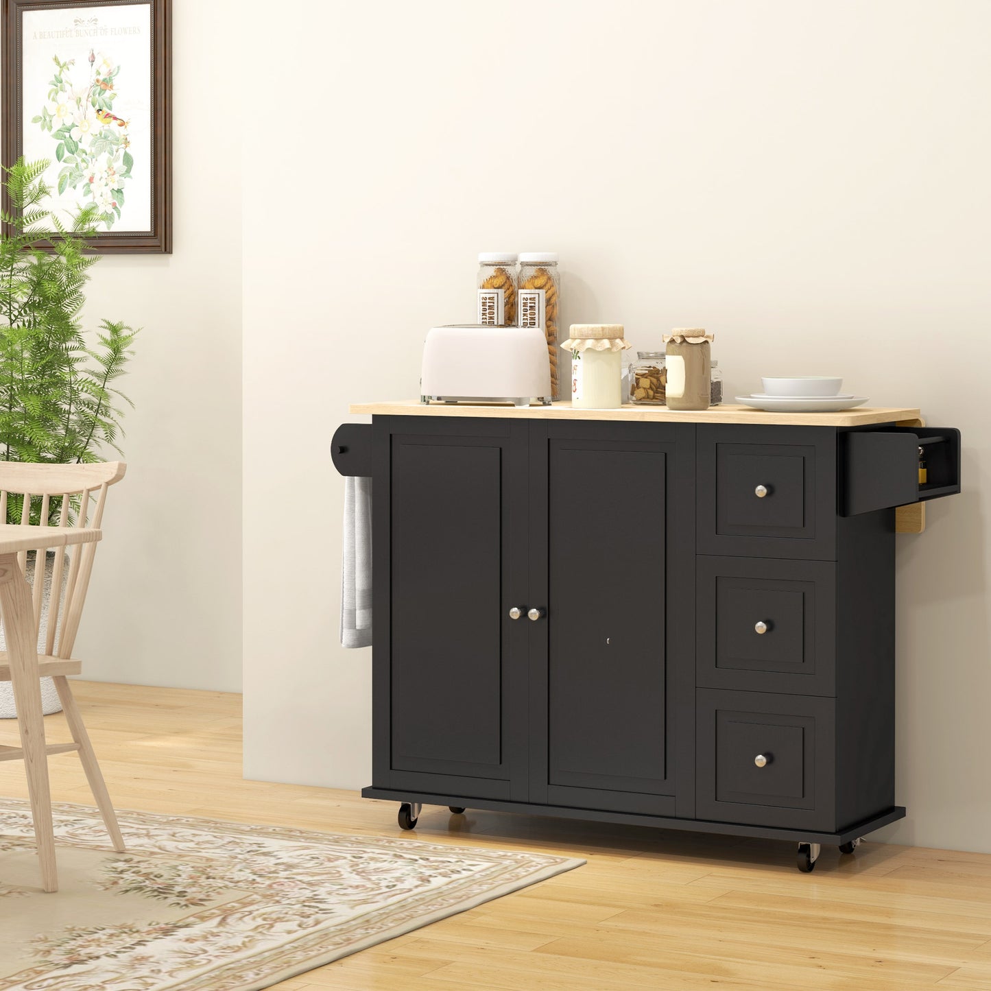 Kitchen Island with Drop Leaf, Rolling Kitchen Storage Trolley on Wheels with 3 Drawers, Spice Rack and Towel Rack, Storage Cart with Rubber Wood Top, Black