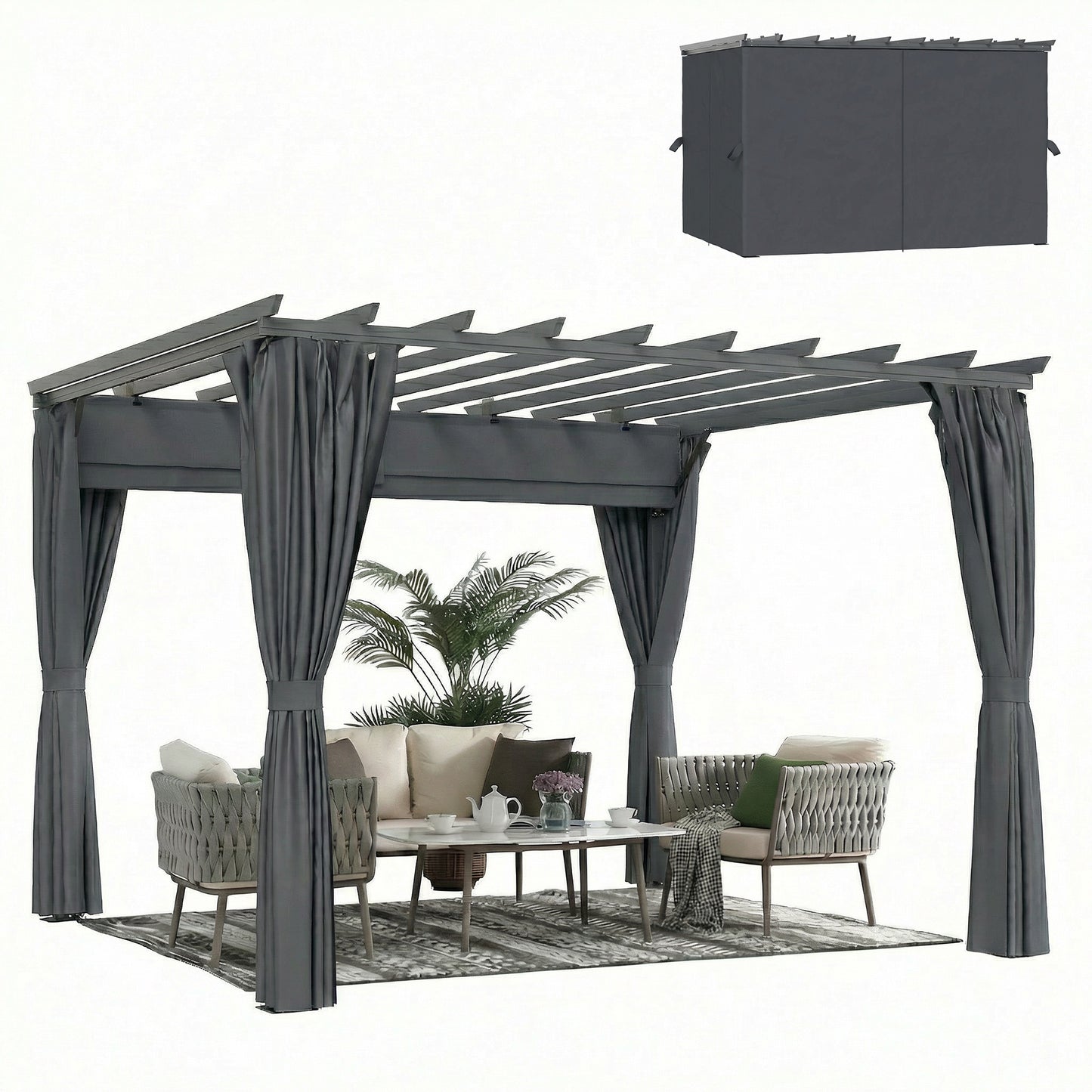 3.6 x 3 m Aluminium Pergola with Retractable Roof Canopy, Curtains