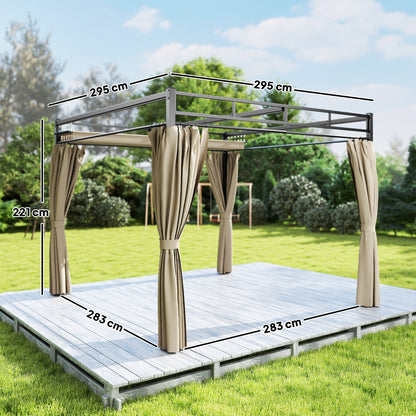 3 x 3 m Garden Pergola with Retractable Canopy, Curtains, Khaki