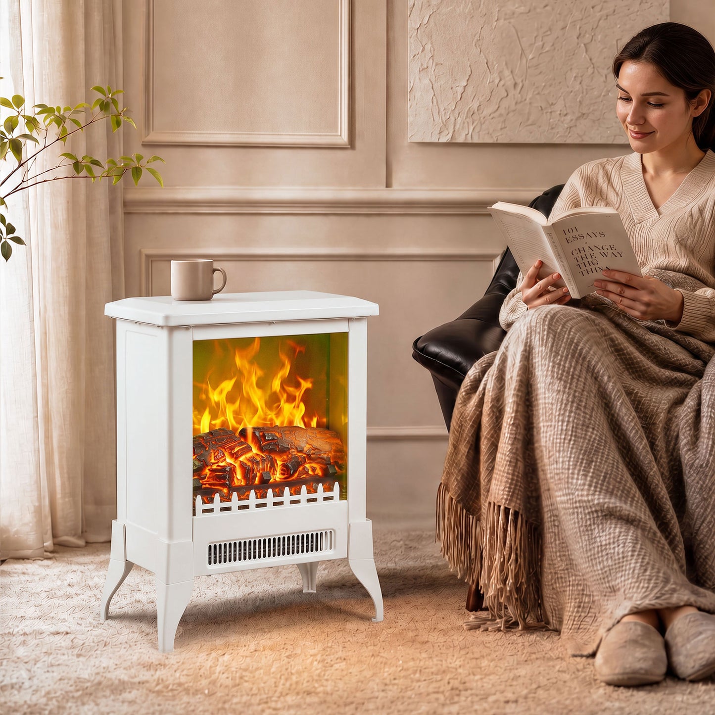 Electric Fireplace Stove, Fireplace Heater W/ Flame Effect