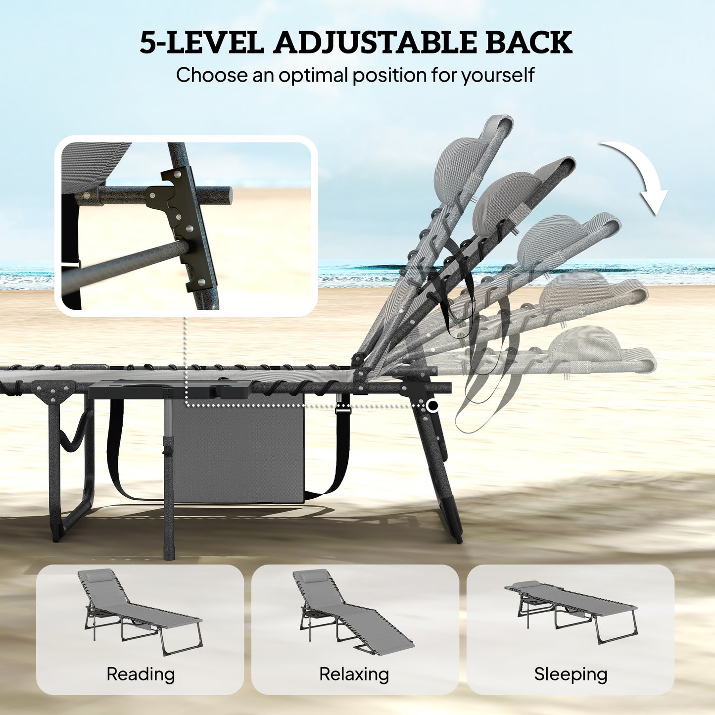 Folding Sun Loungers with 5-Level Back, Cup Holder, Grey