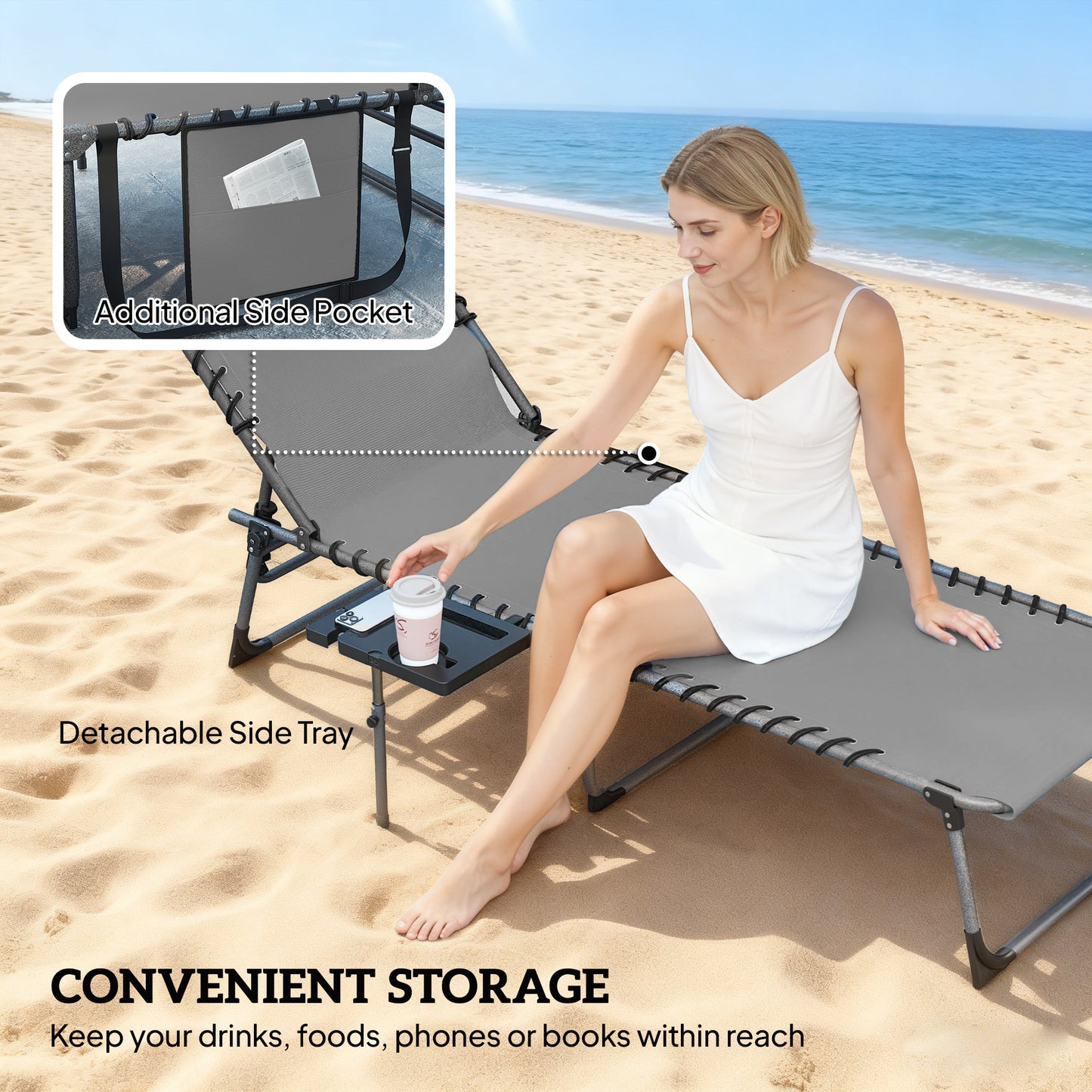 Folding Sun Loungers with 5-Level Back, Cup Holder, Grey