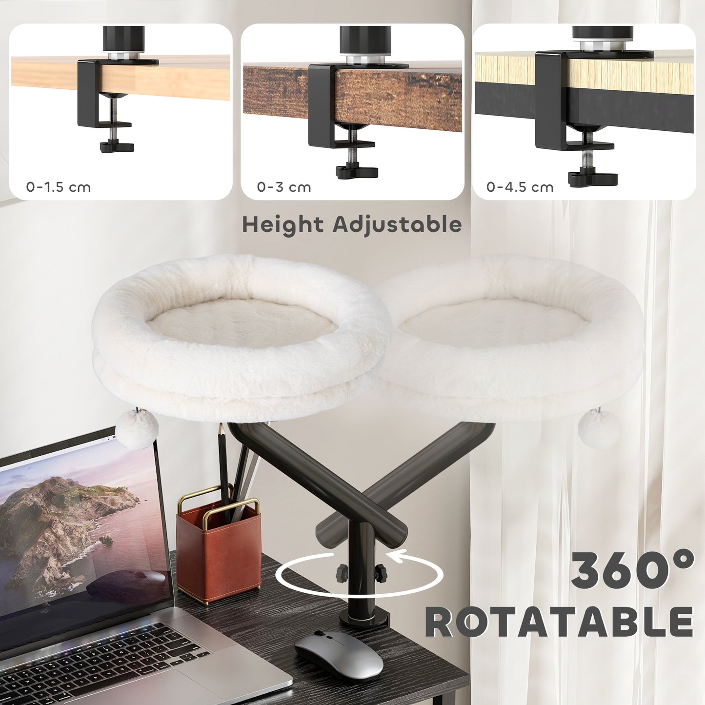 Cat Bed for Desk, 360° Rotatable Adjustable Elevated Cat Desk Bed, Comfortable Soft Plush Kitten Hammock Nest Machine-Washable, Cream White