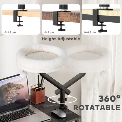 Cat Bed for Desk, 360° Rotatable Adjustable Elevated Cat Desk Bed, Comfortable Soft Plush Kitten Hammock Nest Machine-Washable, Cream White