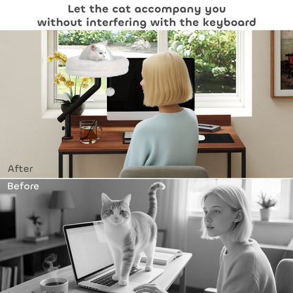 Cat Bed for Desk, 360° Rotatable Adjustable Elevated Cat Desk Bed, Comfortable Soft Plush Kitten Hammock Nest Machine-Washable, Cream White