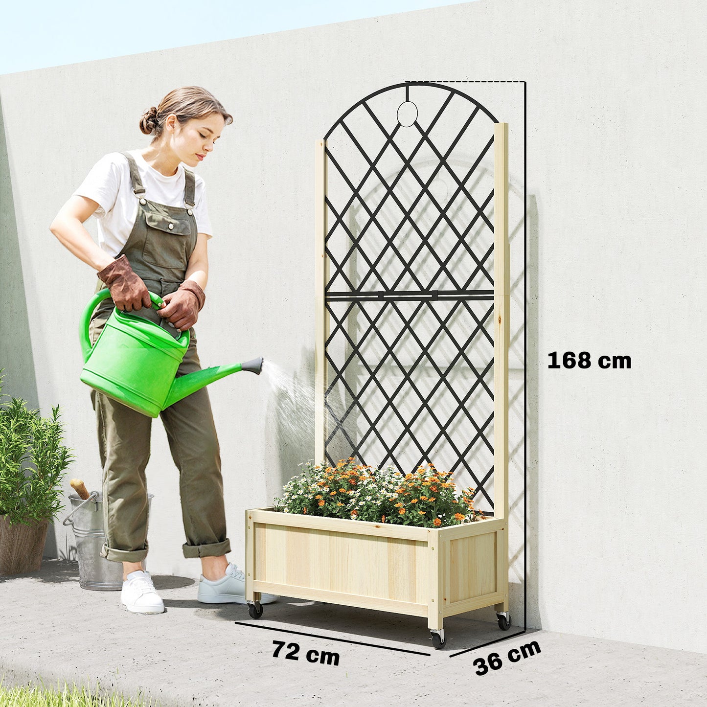 Garden Bed w/Metal Trellis, Wooden Elevated Planter Box, Natural