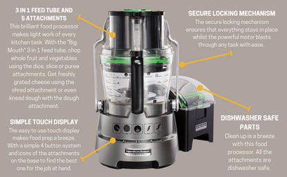 Hamilton Beach 70825-SAU 14-Cup (3 Litre) Dicing Food Processor, Plastic, 600 W, 3 liters, Silver