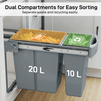 Under-Sink Kitchen Trash Bin, 2 Removable Recycling Containers, 20L + 10L, Smooth Slide, Handle, Diamond Pattern Lid, Grey