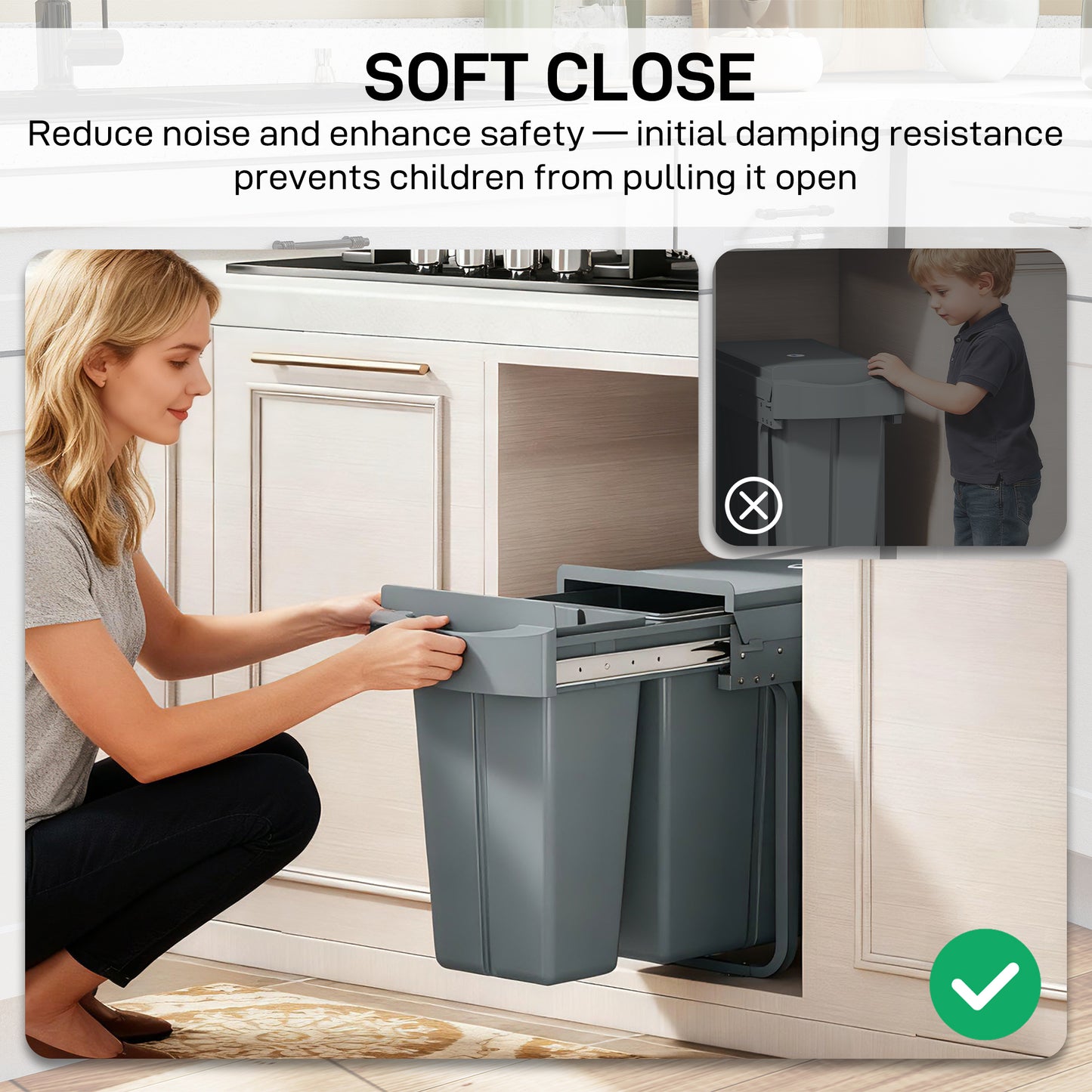 Under-Sink Kitchen Trash Bin, 2 Removable Recycling Containers, 20L + 10L, Smooth Slide, Handle, Diamond Pattern Lid, Grey