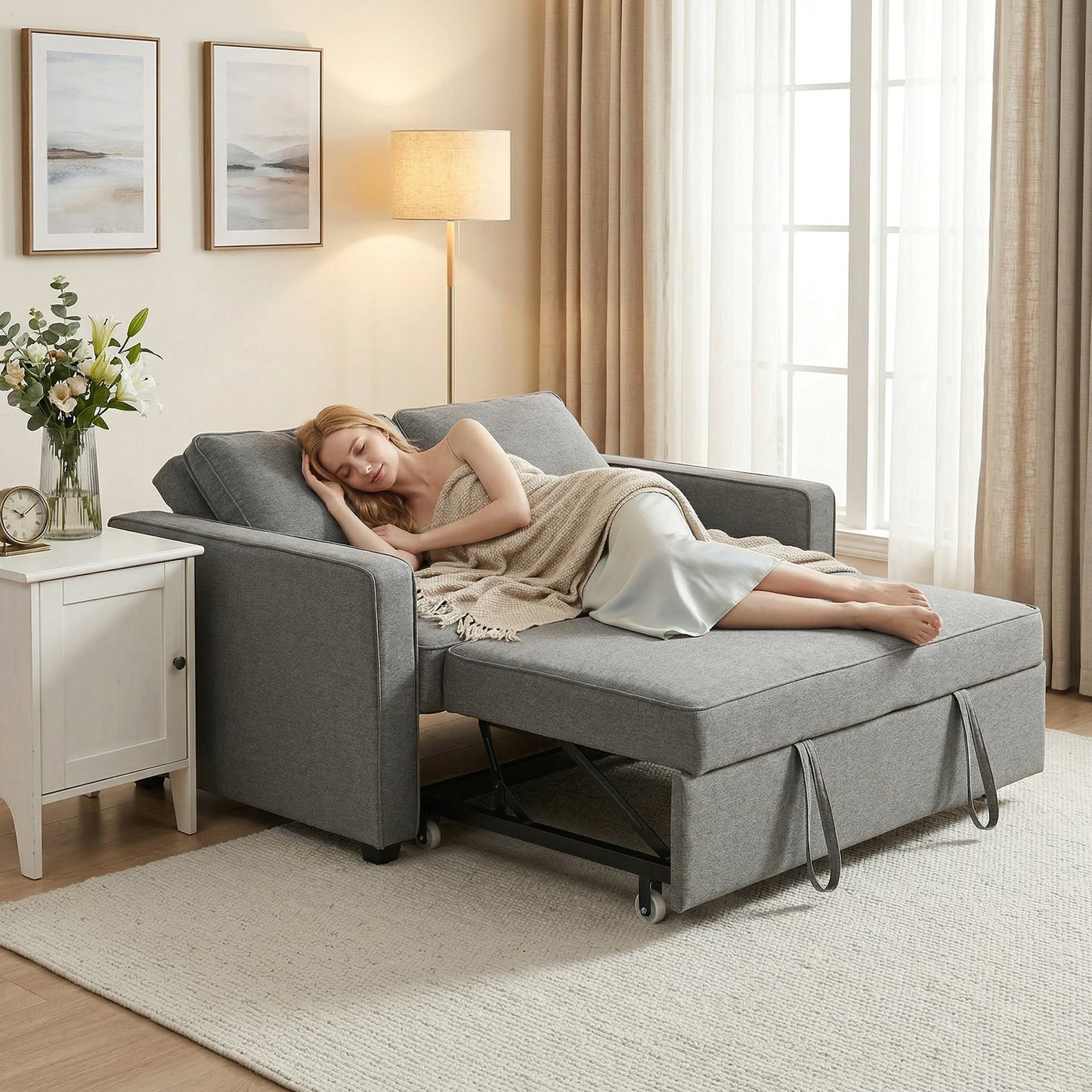 2 Seater Pull Out Sofa Bed with 2 Pillows, Fabric Click Clack Sofa Bed with Wood Core, Convertible Sleeper Sofa for Living Room, Bedroom, Grey