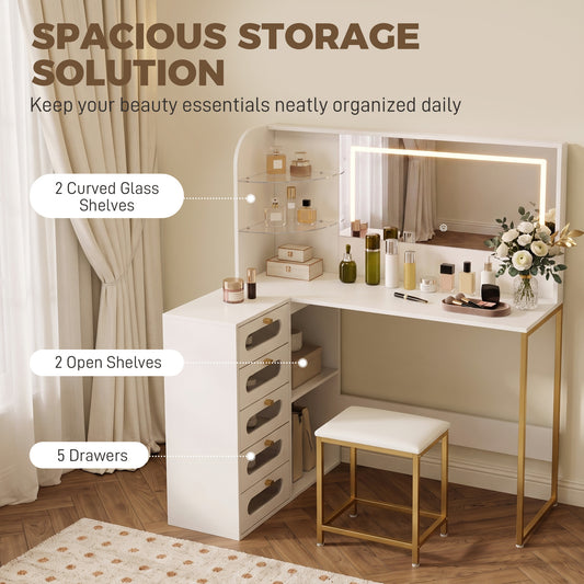 Dressing Table with LED Mirror and Stool, Drawers, Vanity Desk, White