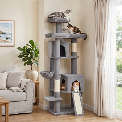 184cm Cat Tree with 2 Condos, 3 Beds and Hammock - Dark Grey