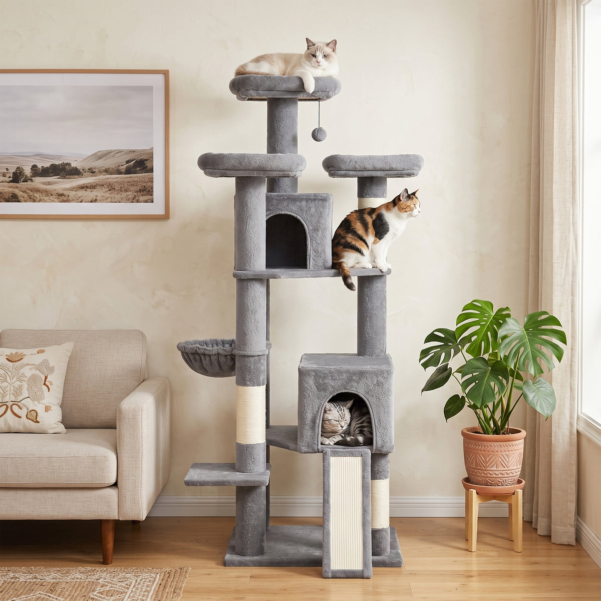 184cm Cat Tree with 2 Condos, 3 Beds and Hammock - Dark Grey