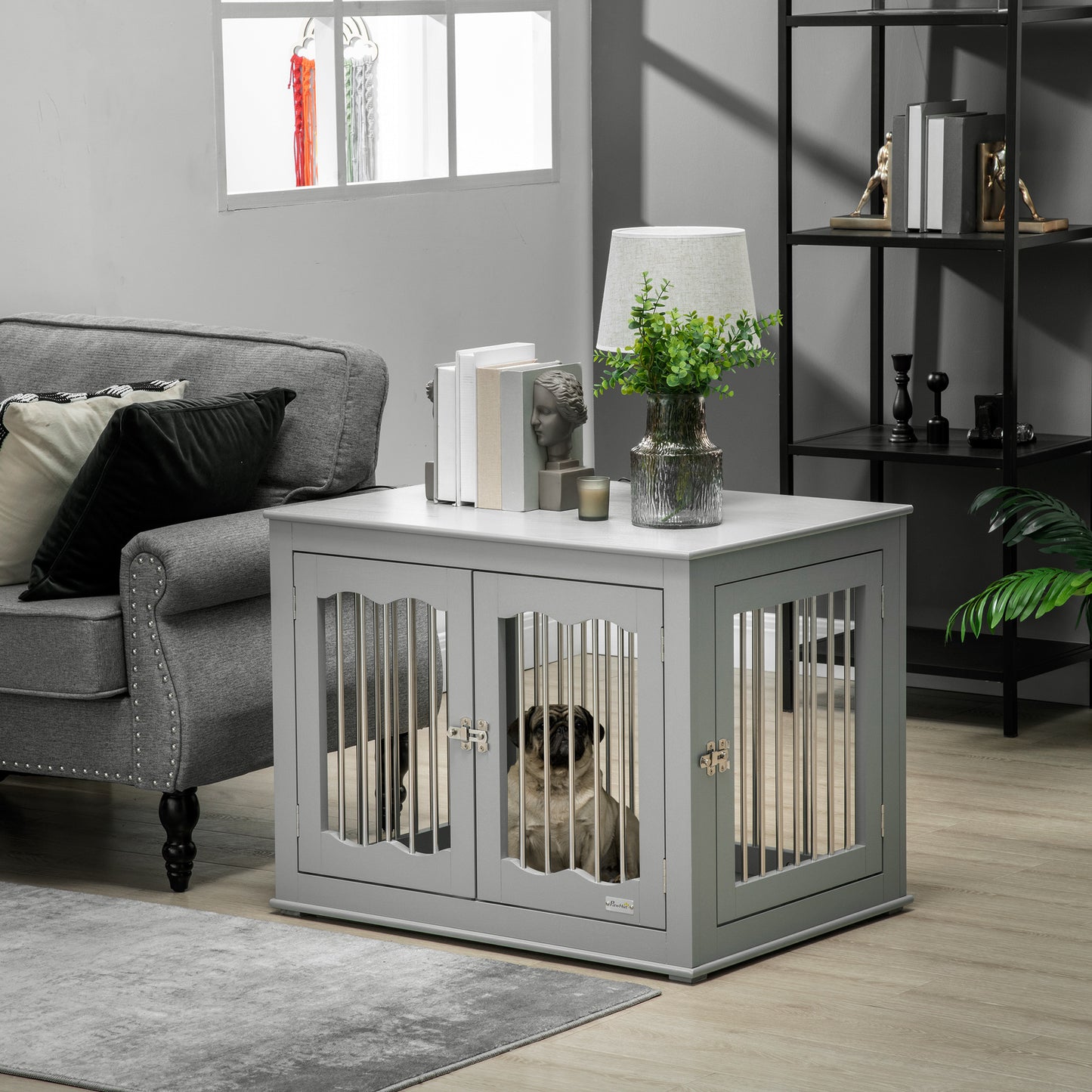 Dog Crate End Table w/ Three Doors, Furniture Style Dog Crate, for Medium Dogs, Indoor Use w/ Locks and Latches - Grey