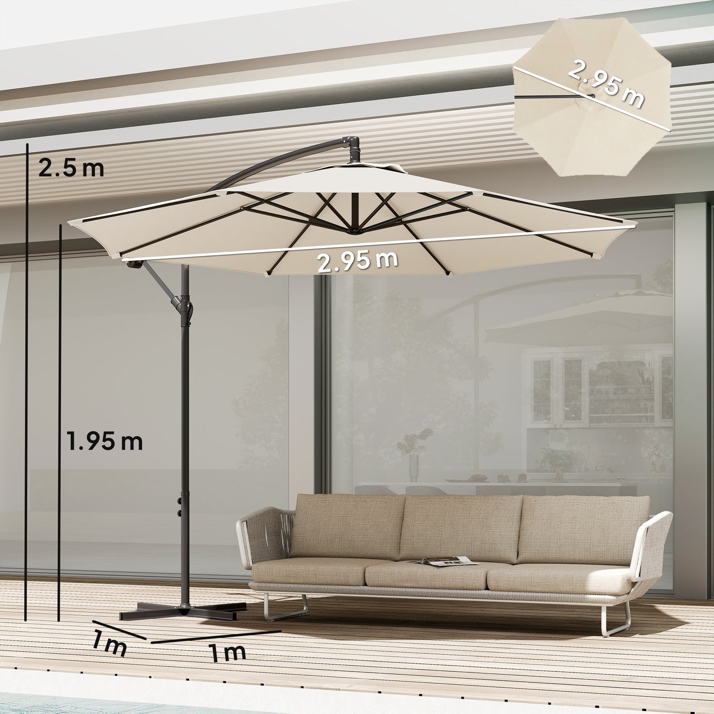 3(m) Garden Banana Parasol Cantilever Umbrella w/ Base, Cream White