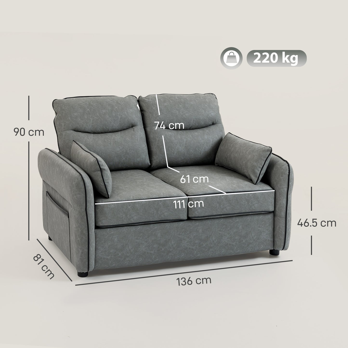 Loveseat Sofa, Faux Leather Sofa with Thicken Cushion, Grey