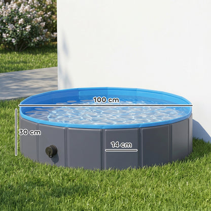 Foldable Dog Pool for Puppies and Ducks, Thickened PVC Dog Paddling Pool Bath Tub Hard Board, Anti-Slip Bottom and Hose Adapter for Easy Drainage, 100 x 30cm, Blue and Dark Grey