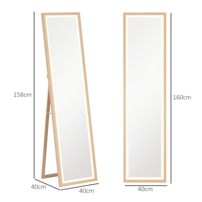 Dimming Full Length Mirror w/ Lights Standing Leaning Wall Mount Oak