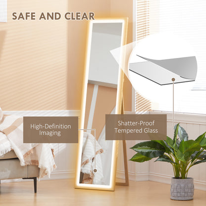 Dimming Full Length Mirror w/ Lights Standing Leaning Wall Mount Oak