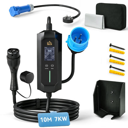 EV Charger 7kW Type 2 to Blue CEE 32A Plug with UK 3 Pin Adapter, 10m, 6/8/10/16/20/24/32A, 1-12h Time Delay/Duration, 1 Phase, IP65 Portable Electric Car Charger with Carry Bag for EVs, PHEVs