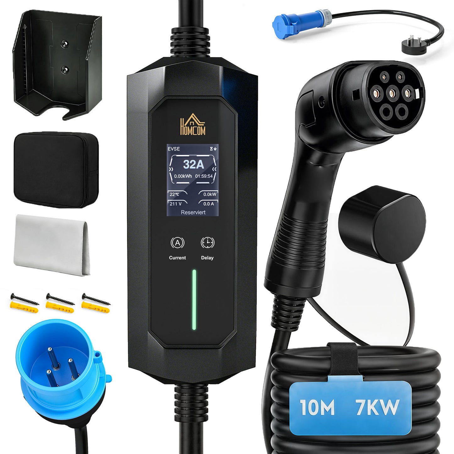 EV Charger 7kW Type 2 to Blue CEE 32A Plug with UK 3 Pin Adapter, 10m, 6/8/10/16/20/24/32A, 1-12h Time Delay/Duration, 1 Phase, IP65 Portable Electric Car Charger with Carry Bag for EVs, PHEVs