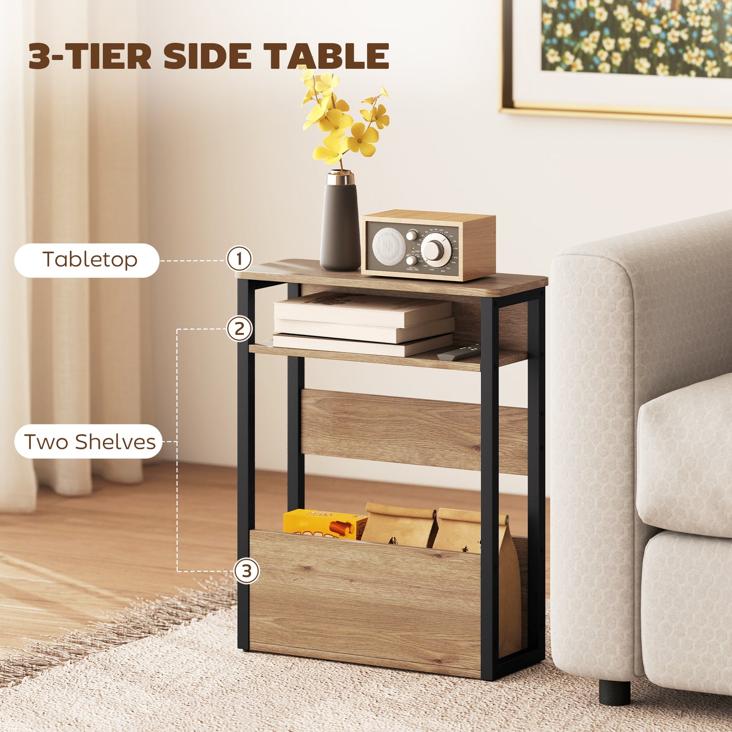 Narrow Side Table with Storage, Bedside End Table, Walnut Brown