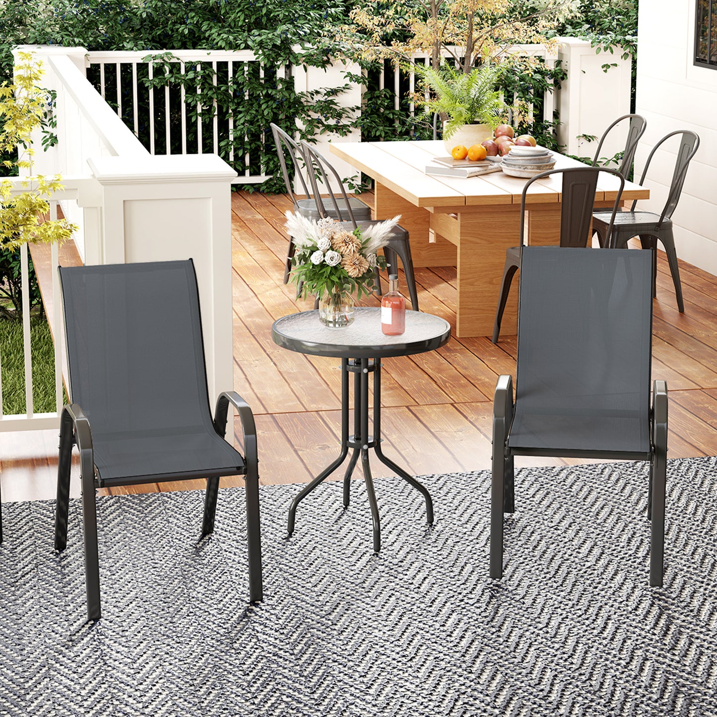 Garden Bistro Set, Small Garden Set w/ Stackable Chairs, Dark Grey