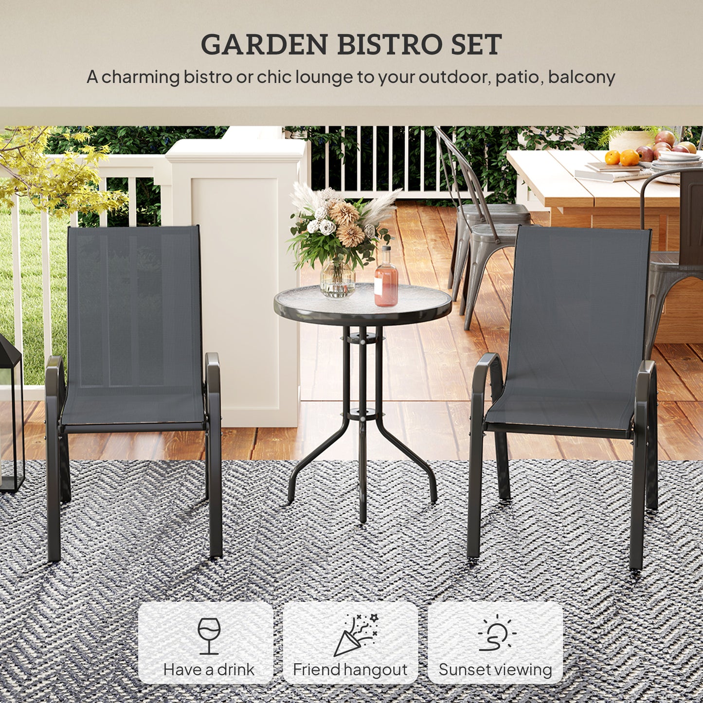 Garden Bistro Set, Small Garden Set w/ Stackable Chairs, Dark Grey